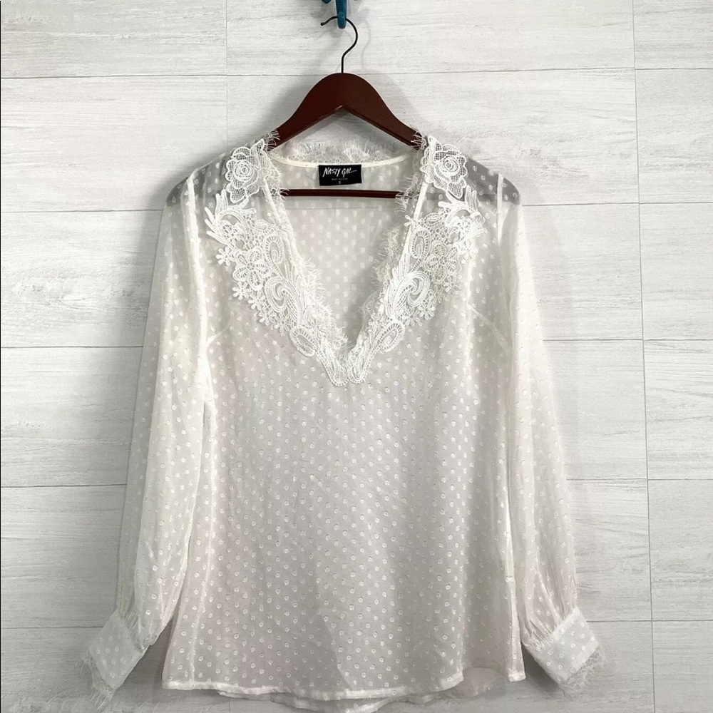 Nasty Gal Sheer Swiss Dot V Neck Blouse Top